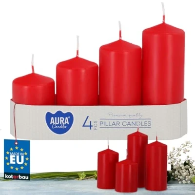 Imagen de KOTARBAU® Pack de 4 velas cilindricas, pilar, gruesas sin perfume, rojas, navidad, columna, decorativas, para farolillos, Paquete