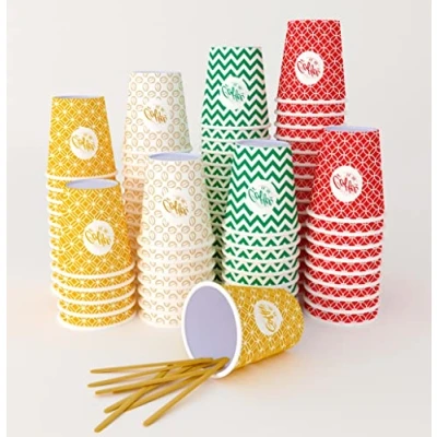 Imagen de SARA 7 Onsaz,200 Multicolor Vasos de Cartón con Agitadores Madera,Ecológicos y Desechables,Resistentes Al Calor, Ideales para Café,Té,Cumpleaños,Etc.