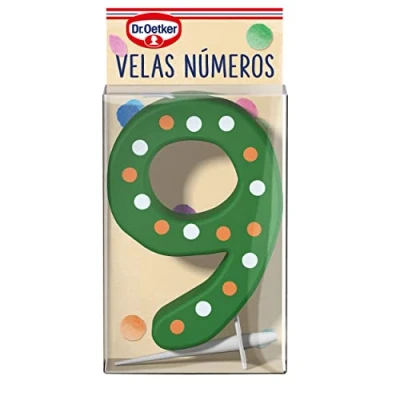 Imagen de DR. OETKER Velas Número 9, Vela de Cumpleaños Para Personalizar Tartas, Cupcakes o Bizcochos Pack 1 con 9 en Colores Rojo, Azul, Verde Amarillo