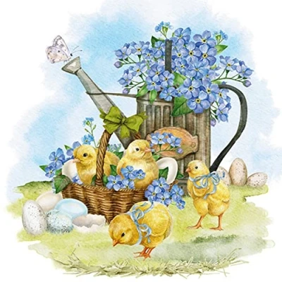 Imagen de 20 servilletas de polluelos en nomeolvides, flores, primavera, Pascua, decoración mesa, decoupage, técnica servilletas, 33 x cm