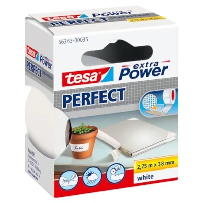 Imagen de tesa Extra Power Perfect, Cinta de Reparación Reforzada en Tela para Confeccionar, Reparar, Fijar, Reforzar y Etiquetar, Blanco, 2.75 m x 38 mm