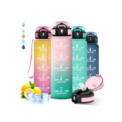 Imagen de Botella Agua 1 litro Gimnasio, A Prueba de Fugas, Cantimplora con Pajita, Reutilizable, Water Bottle Eslogan Motivador, para la Fitness, Senderismo, Acampada, Deportes
