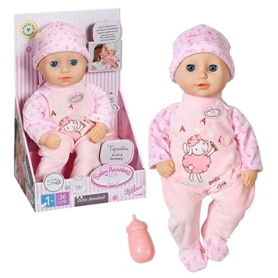 Imagen de Zapf Creation 709870 Baby Annabell Little 36 cm Weiche Puppe mit Stoffkörper, Rosa Strampler, Blaue Schlafaugen und Fläschchen.