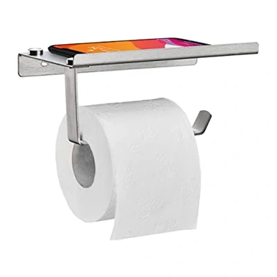 Imagen de Relaxdays Portarrollos Baño de Pared, con Balda, Soporte Rollo Papel Higiénico, Acero Inoxidable, 8x18x9,5 cm, Plateado
