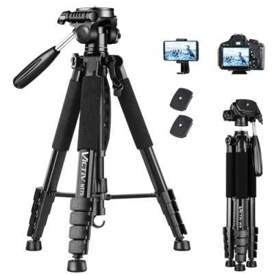 Imagen de Trípode Cámara de Movil, Victiv 185cm Aluminio Tripode para Nikon Canon Sony, Cabezal Giratorio Desmontable 3 vías, con Soporte Teléfono y 2 Placas Liberación Rápida(Neuvo Diseño)