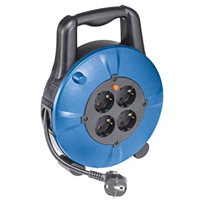 Imagen de as Schwabe Bobina de Cable 230 V con enchufe Schuko y 10 m revestido plástico incl. clavija contacto tierra extensión 4 tomas azul