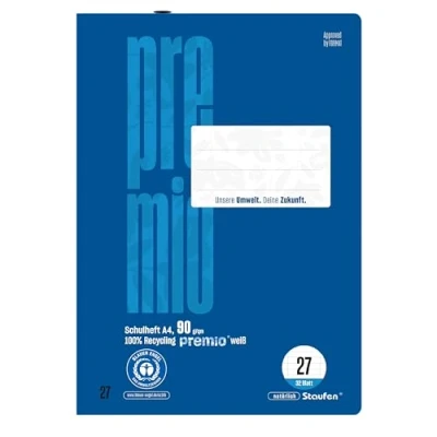 Imagen de Staufen premio Cuaderno escolar 2 cuadernos de 32 hojas cada uno, DIN A4, línea 27 (9 mm a rayas con margenes), papel reciclado 90 g/m², esquinas redondas para evitar orejas burro