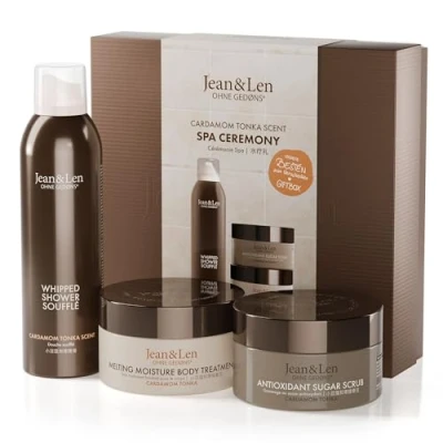 Imagen de Jean &amp; Len Caja de regalo Spa Ceremony cardamomo y tonka, con 3 productos alta calidad, para el cuerpo la mente, embalaje certificación FSC