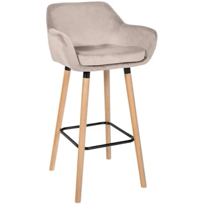 Imagen de CLP Taburete Grant Tapizado En Terciopelo Estilo Velvet con Reposabrazos &amp; Reposapiés I Silla Alta De Bar Base Madera I, Color:Crema