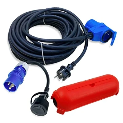 Imagen de Juego de cables adaptadores CEE 15 m A conector Schuko + cable adaptador y caja protección roja H07RN F 3 x 2,5 mm² 230 V 16 corriente camping para