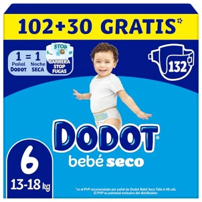 Imagen de Dodot Pañales Bebé Seco Talla 6 (+13 kg), 132 con Protección Antifugas, Pack Mensual