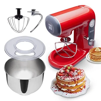 Imagen de SOGO Power Mix Robot de Cocina Orbital Multifunción Amasa, Bate, Mezcla, Bol giratorio Acero Inox 5 litros y tapa anti salpicaduras, velocidades + Turbo, Sin BPA,1000W Rojo (SS 14510)