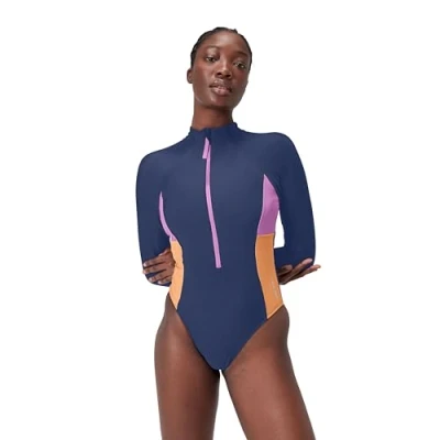 Imagen de Speedo Bañador de 1 Pieza Manga Larga, con Cremallera y Bloques Color Una Fitness en el Agua Traje baño para Mujer, Azul cerúleo, XL