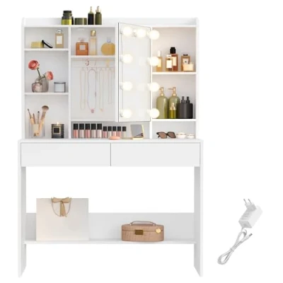 Imagen de VASAGLE Tocador con 9 Luces LED 3 Tonos y Brillo Ajustable, Mesa de Maquillaje Espejo, Bombillas, Estantes Ajustables, 2 Cajones, Moderno, Blanco Nube RDT126W01
