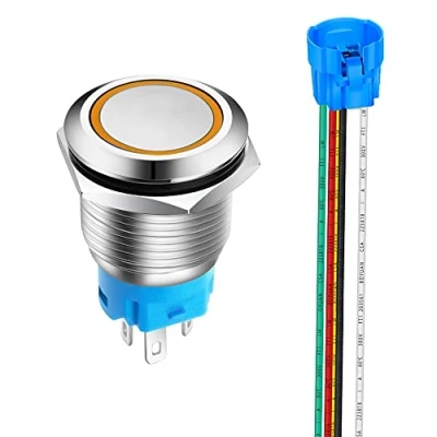 Imagen de Gebildet 19mm Momentáneo Pulsador de Botón Acero Inoxidable, Impermeable ON/OFF 12V 24V 5A LED 1NO1NC SPDT Temporal con Enchufe Cable(LED Naranja)