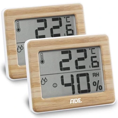 Imagen de ADE Higrómetro digital para indicar la humedad y zona de confort termómetro con indicación precisa temperatura pantalla LCD bambú 2 piezas