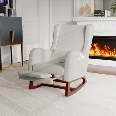 Imagen de MIOSUT mecedora con reposapiés, silla sillón relax a balancín cojín Lumbar Rocking Chair bolsillo lateral y reposabrazos, basculante dormitorio (Lin, Gris)