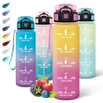 Imagen de Motswedi Botella Agua Gimnasio, 1L sin BPA, Agua, Reutilizable, de con Marcador Tiempo, Cantimplora, Deportiva para Oficina, Escuela, Yoga, Rosa Amarillento