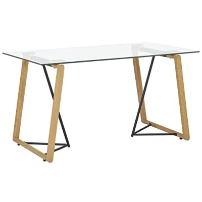 Imagen de Beliani Mesa de Comedor Transparente 140 x 80 cm Tapa Cristal Patas Metal Efecto Madera Clara Rectangular escandinava Moderna Tacoma
