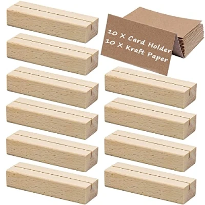 Imagen de Bssowe Soportes de Madera para Tarjetas, 10 Piezas Soporte Tarjetas Mesa, Portatarjetas Madera, con Papel Kraft, Tarjeta