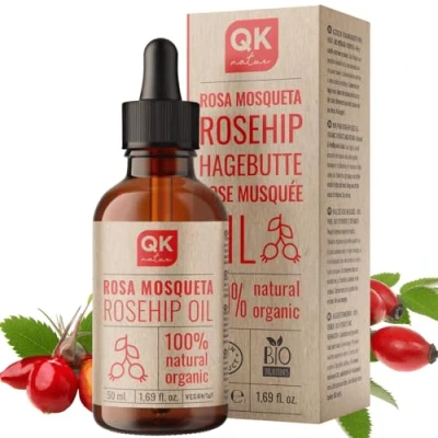 Imagen de QKnatur Aceite de Rosa Mosqueta 100% Puro Orgánico Vegano 50 ml Para Cicatrices y Estrías Antiarrugas Antiedad BIO Vegetal Prensado en Frío Botella vidrio + Bomba