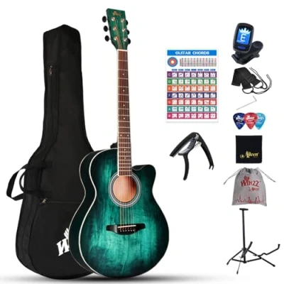 Imagen de Winzz 40 Pulgadas Guitarra Acústica con Cuerdas de Acero para Principiantes Adultos y Estudiantes, Elegante Diseño Color Único (Azul Verde)