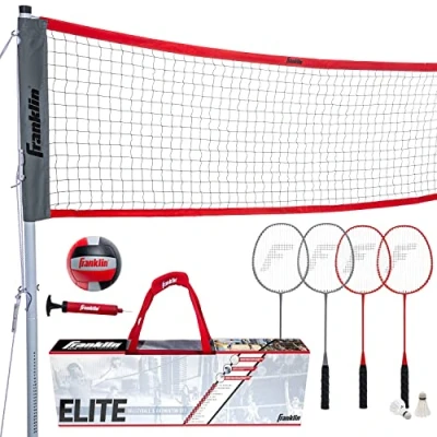 Imagen de Franklin Sports Elite Juego de red voleibol bádminton, incluye voleibol, raquetas pájaros, postes/red, estacas, cuerdas, kit límites, bádminton playa o patio trasero, fácil