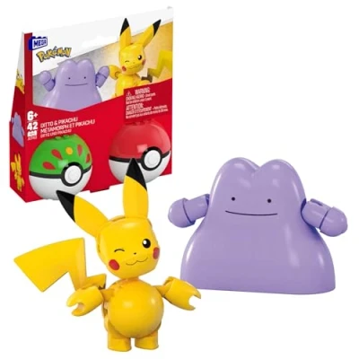 Imagen de MEGA Pokémon Conjunto de construcción con figura acción, pack dos Poké Ball, Pikachu y Ditto, 42piezas, para niños niñas, JCT43