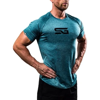 Imagen de Satire Gym Camiseta Ajustada Fitness Hombres/Ropa Deportiva de Secado rápido Hombre Apta como Culturismo y Gimnasio Entrenamientos (Moteado Color Gasolina, L)