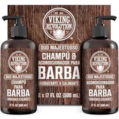 Imagen de Viking Revolution Juego de Champú y Acondicionador Barba con Aceites Argán Jojoba Hombre que Suaviza, Alisa Fortalece el Crecimiento Oud Majestuoso 2x500 ml