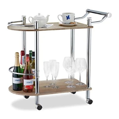 Imagen de Relaxdays Camarera con 2 Repisas, 4 Ruedas y Manillar, Acero Tablero DM, Marrón, 76 x 39 82 cm