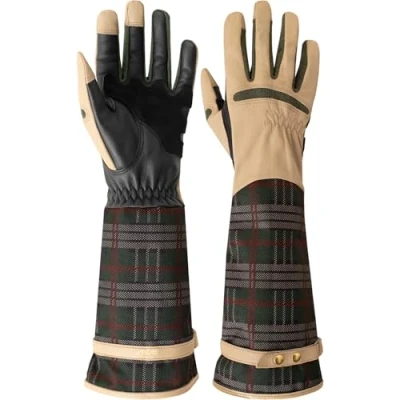 Imagen de ACE Garden Glam Guante de jardín para mujer, guantes largos piel cabra contra espinas y rosa, M, a cuadros