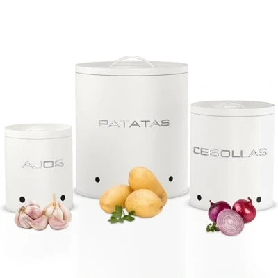 Imagen de KOOK TIME Juego 3 caja para guardar patatas, cebollas y ajos Almacenaje Cocina Con orificios de ventilación Mantiene verduras frescas más tiempo Botes (Blanco Mate)