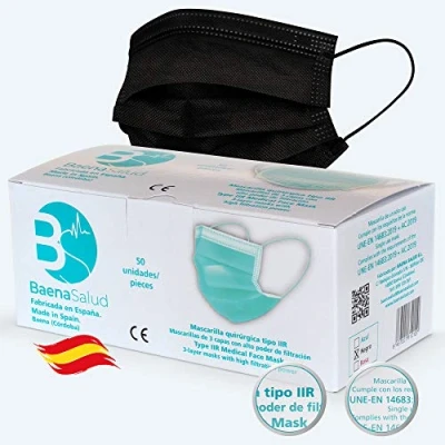 Imagen de BAENA SALUD 50 Mascarillas Quirúrgicas, desechables, Tipo IIR, en color negro, filtración (BFE) 98%, hechas España