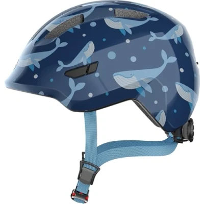 Imagen de ABUS casco infantil Smiley 3.0 de bicicleta con ajuste profundo, diseños adaptados a los niños y espacio para una coleta niñas azul estampado ballenas, talla S