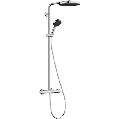 Imagen de hansgrohe Pulsify S Puro sistema de ducha ahorro agua (EcoSmart) con termostato, lluvia (260 mm) grifo, mano (3 chorros), flexo, barra, fija redonda, cromo, 24237000
