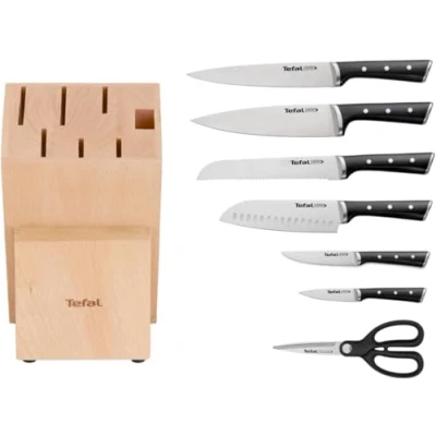Imagen de Tefal K232S7 Ice Force Juego de cuchillos (8 piezas, 6 cuchillos, 1 tijeras, bloque madera, acero inoxidable alemán, tecnología Force, resistente a la corrosión