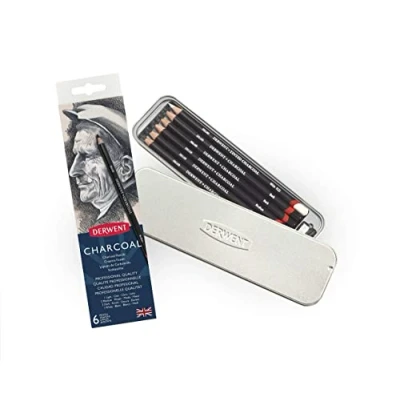 Imagen de Derwent 0700838 Caja Metálica con 6 Lápices de Carboncillo Charcoal para Dibujar y Escribir, Set Sacapuntas, Claro, Medio, Oscuro Blanco Tintado, Calidad Profesional