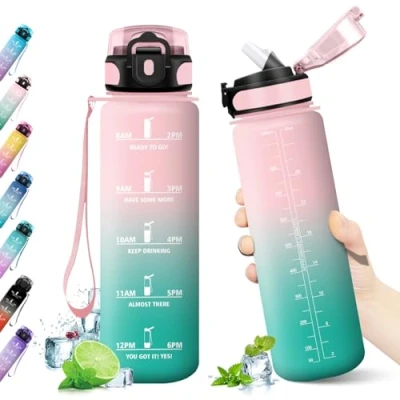 Imagen de KollyKolla Botella Agua 1 litro, Motivadora, de con Pajita, Prueba Fugas, Reutilizable Cantimplora para Adulto, Colegio, Gimnasio, Oficina, Bicicleta, Gym, Fitness
