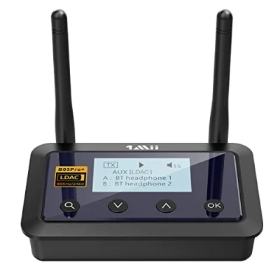 Imagen de 1Mii B03Pro+ Transmisor Receptor Bluetooth 5.0 LDAC para TV, Emisor Adaptador Audio HiFi aptX HD/Baja Latencia con Pantalla LCD, Salidas/Entradas Óptica/ 3,5mm AUX, Largo Alcance