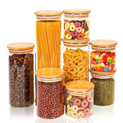 Imagen de Lannvan Tarros de Cristal con Tapa Juego 8 Frascos Vidrio Herméticos tapas Botes madera para Espagueti, Pasta Almacenamiento Harina