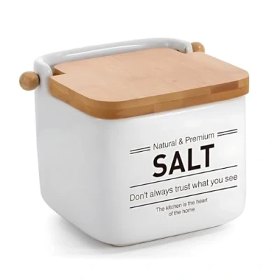 Imagen de Salero de cocina clasicos SALT ceramica con tapa madera bambu