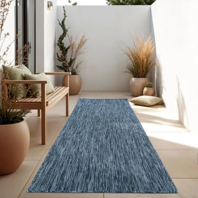 Imagen de Paco Home Alfombra Exterior Interior Balcón Terraza Cocina Monocolor Jaspeado, tamaño:80x250 cm, Color:Azul