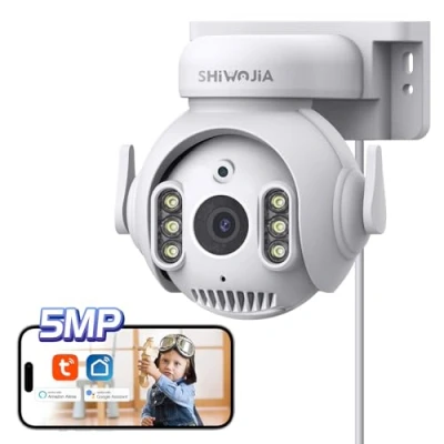 Imagen de SHIWOJIA Cámara Vigilancia WiFi Exterior, 5MP 360 PTZ Tuya Smart Camara WiFi, 24/7 Grabación Continua, Seguimiento Automático, Detector de Movimiento, Visión Nocturna
