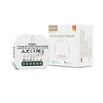 Imagen de MOES Interruptor Wifi Mini Inteligente conmutador Inalambrico Rele Módulo Alexa Control Remoto y RF433 para Interruptores de 2 Gang 1/2 Way, compatible con la app Smart Life Tuya Google Home