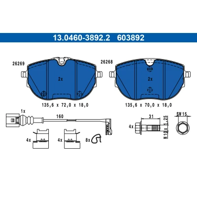 Imagen de ATE 13.0460 3892.2 Juego de pastillas freno con contacto avisador desgaste tornillos pinza accesorios VOLKSWAGEN: Multivan 6