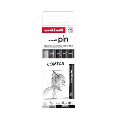 Imagen de Uni ball Estuche PIN de 5 piezas marcadores calibrados 0,7 a 1,0 mm color negro y gris SET COMICS