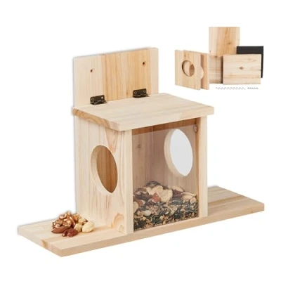 Imagen de Relaxdays Kit de construcción alimentación Comedero para Ardillas DIY, Casa Alimentadora Montar, Madera, 2 Entradas y Plataforma, Colgante, Natural, 24 x 35 13 cm