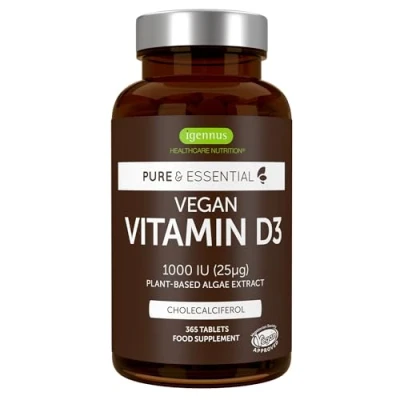 Imagen de Vitamina D Vegana, D3 de Alta Absorción, 1000 UI, 365 Comprimidos, 100% Extracto Algas, Para Niños y Adultos, 1 Año Suministro, Igennus
