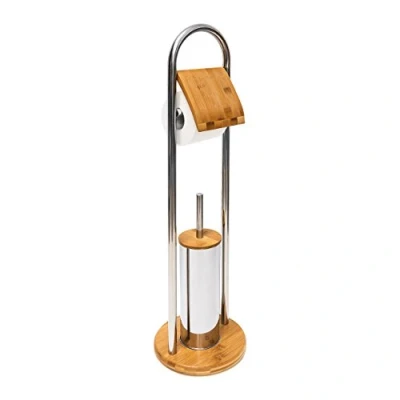 Imagen de Relaxdays Set para baño de bambú y Acero Inoxidable, portarrollo escobillero con escobilla plástico Recipiente, 80 x 22 cm